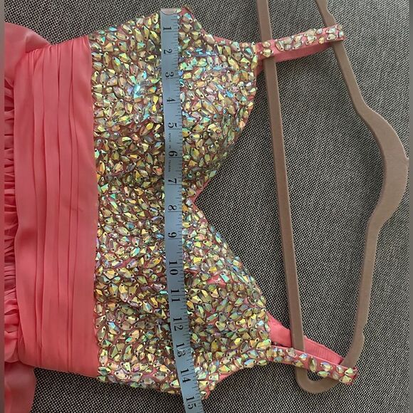 LIKE NEW Adorable La Femme gold beaded, coral chiffon mini party dress, size 0 - Picture 6 of 7